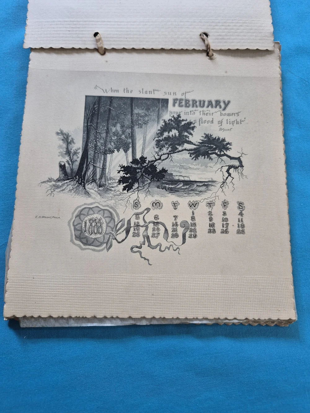 Antique 1888 Calendar 12 Pages Black & White E.A. Wright Philadelphia Engraver
